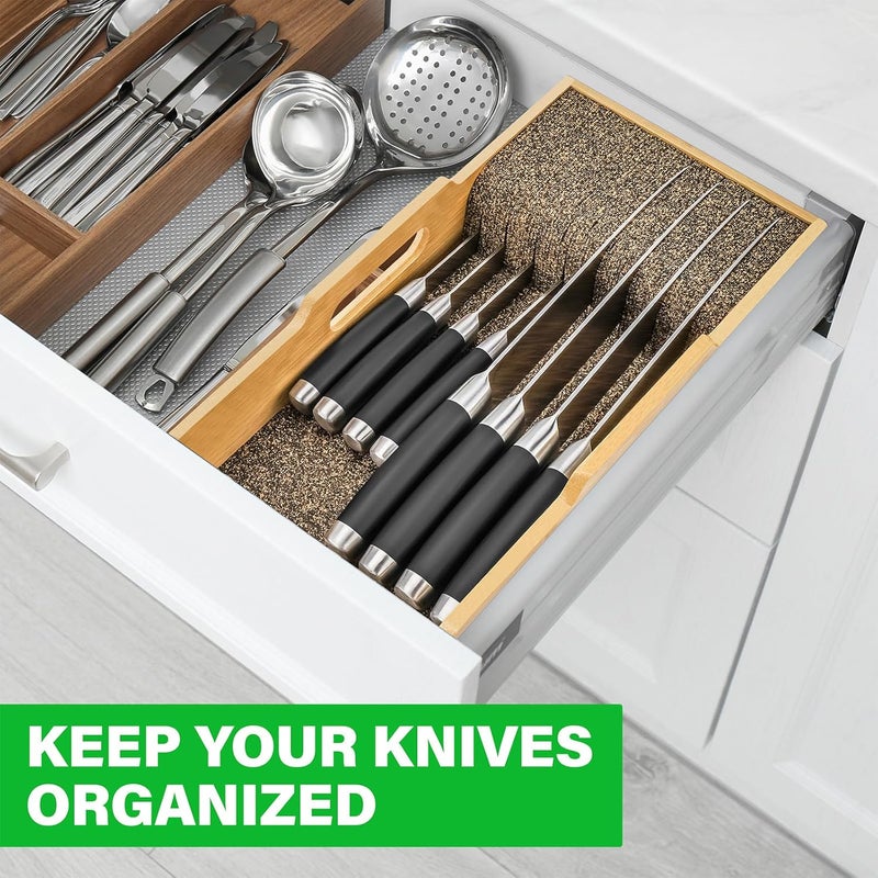 Mospten Bamboo Knife Drawer Organizer Insert - Kitchen In-Drawer Knife Block Holder, Flexible Dividers for Knives Organization - Image 2
